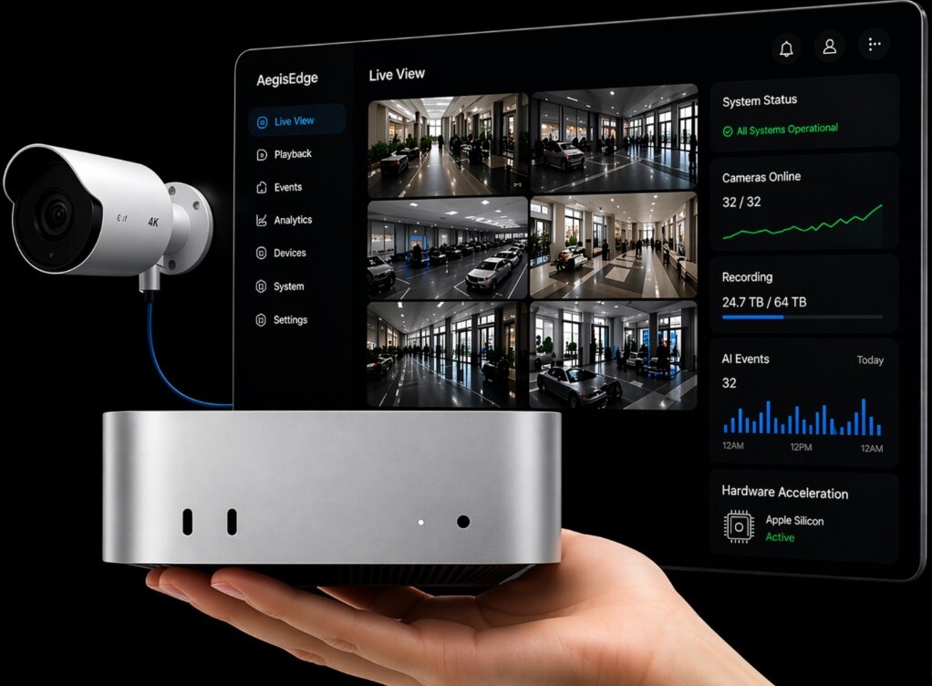 Aegis EdgeVMS — AI surveillance on Mac mini M4 with 4K camera